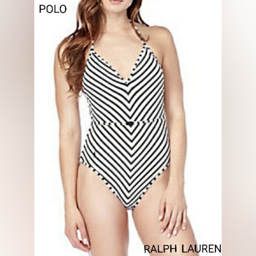 Polo Ralph Lauren Black and White Pique Stripe Swimsuit